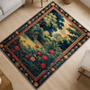 Antique tapestry-style chenille rug featuring a lush garden with red flowers and Victorian floral border, washable non-slip backing, perfect for vintage home decor.