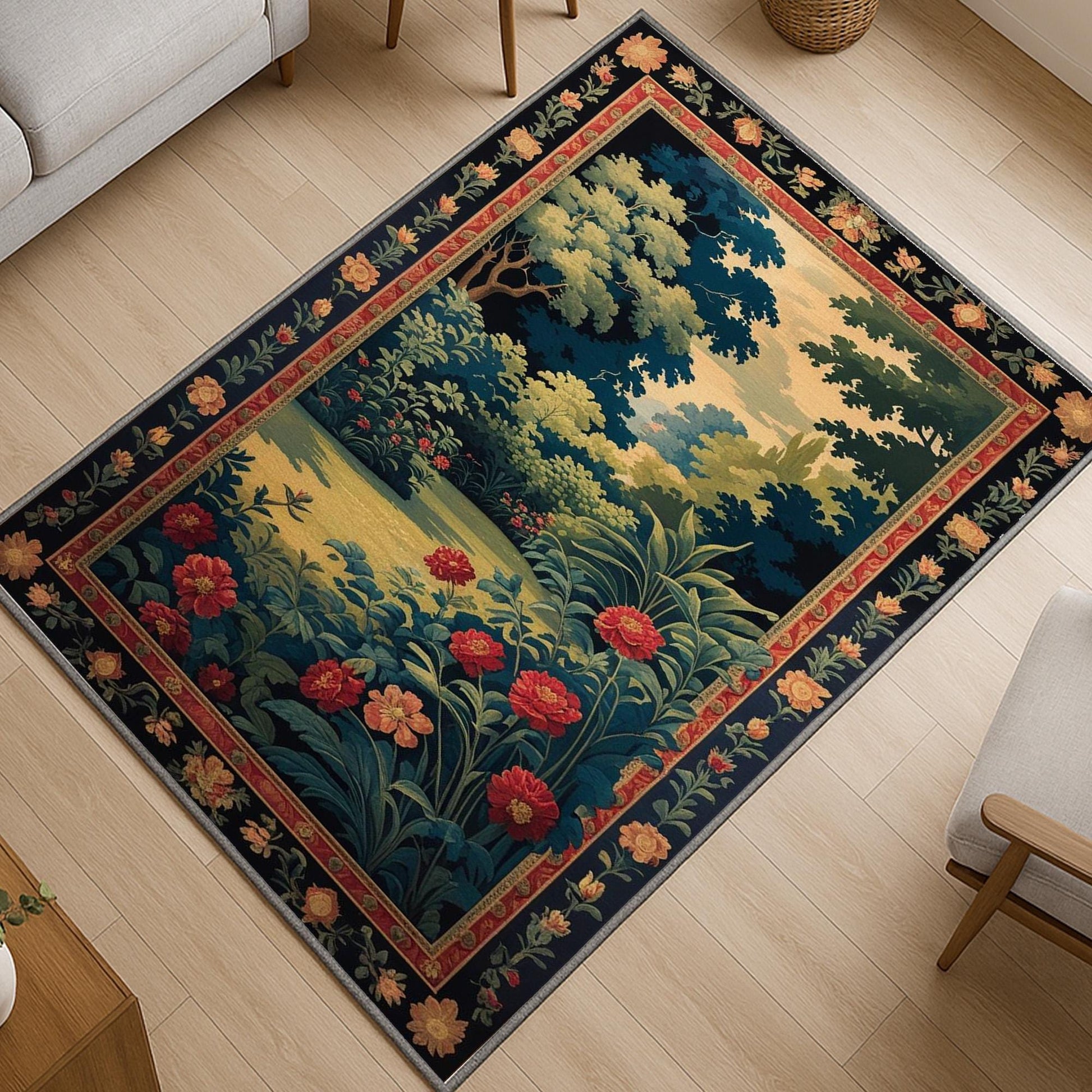 Antique tapestry-style chenille rug featuring a lush garden with red flowers and Victorian floral border, washable non-slip backing, perfect for vintage home decor.