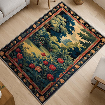 Antique tapestry-style chenille rug featuring a lush garden with red flowers and Victorian floral border, washable non-slip backing, perfect for vintage home decor.