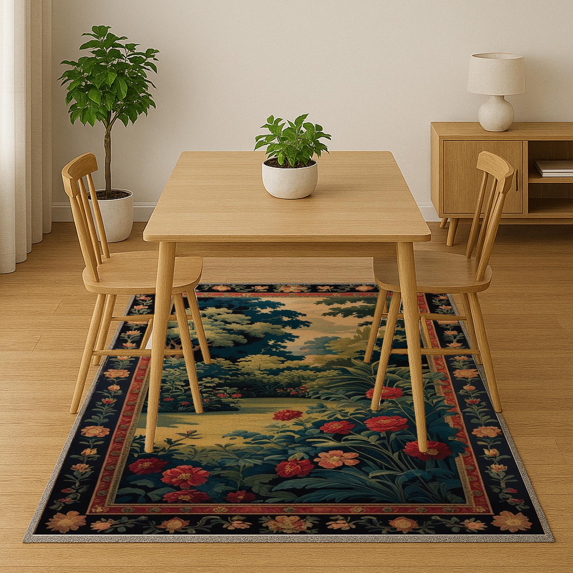 Antique tapestry-style chenille rug featuring a lush garden with red flowers and Victorian floral border, washable non-slip backing, perfect for vintage home decor.