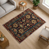 Aztec-inspired chenille rug with oriental influence, antique floral border, geometric tribal motifs, washable non-slip backing, perfect for boho and vintage decor.