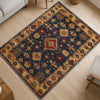 Aztec-inspired chenille rug with oriental influence, navy background, red and gold tribal geometric motifs, washable non-slip backing, perfect for boho and rustic decor.