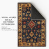 Aztec-inspired chenille rug with oriental influence, navy background, red and gold tribal geometric motifs, washable non-slip backing, perfect for boho and rustic decor.
