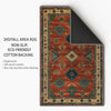 Aztec-inspired chenille rug with oriental influence, rust red background, blue and cream tribal diamond motifs, washable non-slip backing, perfect for boho and rustic decor.