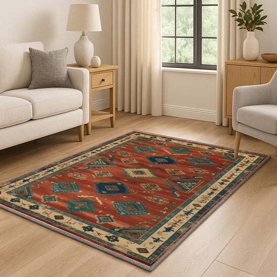 Aztec-inspired chenille rug with oriental influence, rust red background, blue and cream tribal diamond motifs, washable non-slip backing, perfect for boho and rustic decor.