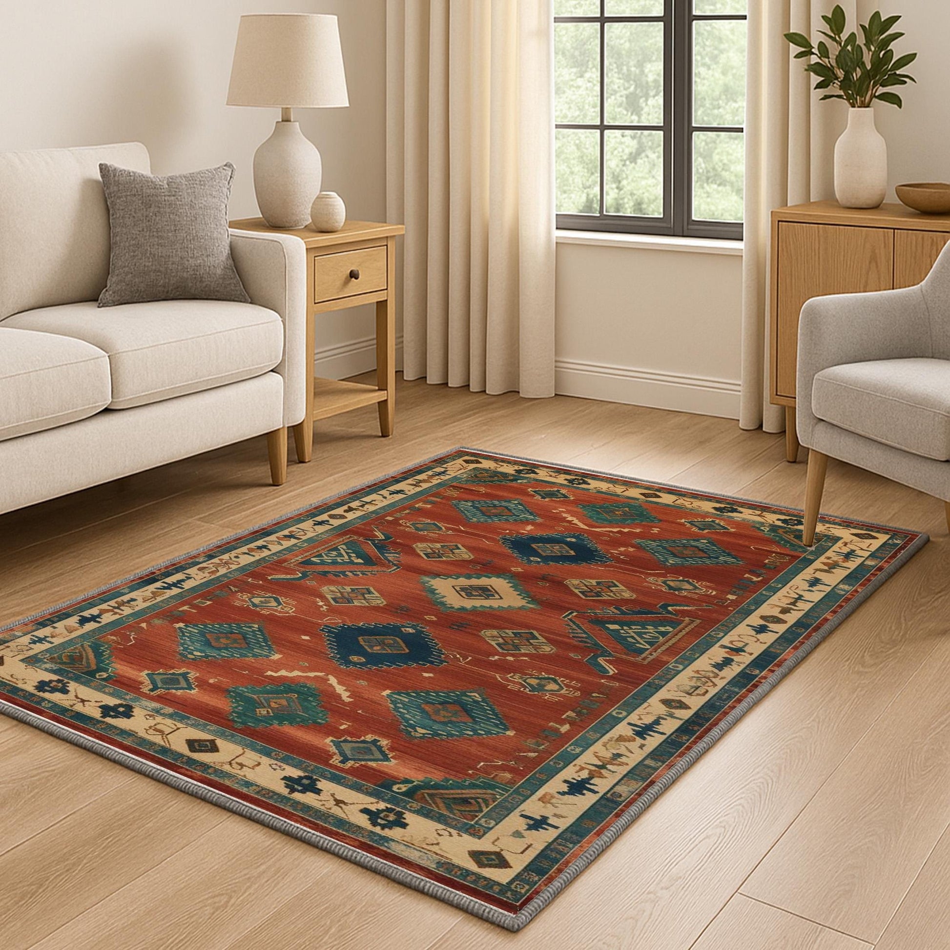 Aztec-inspired chenille rug with oriental influence, rust red background, blue and cream tribal diamond motifs, washable non-slip backing, perfect for boho and rustic decor.