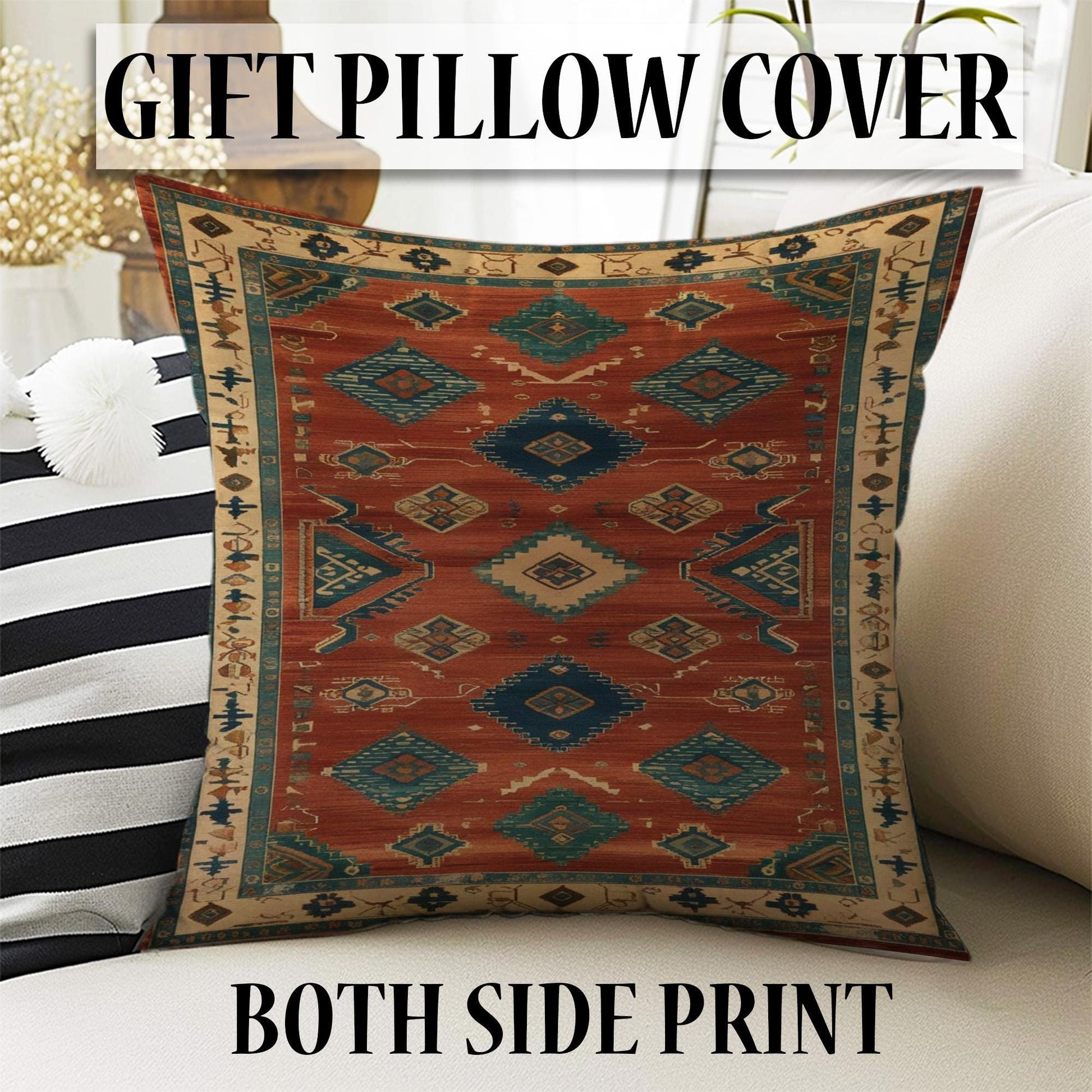 Aztec-inspired chenille rug with oriental influence, rust red background, blue and cream tribal diamond motifs, washable non-slip backing, perfect for boho and rustic decor.
