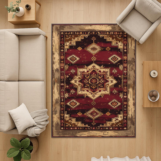 Bohemian-inspired chenille rug with central floral medallion, deep red background, beige and gold accents, washable non-slip backing, perfect for boho and vintage decor.