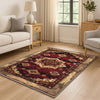 Bohemian-inspired chenille rug with central floral medallion, deep red background, beige and gold accents, washable non-slip backing, perfect for boho and vintage decor.