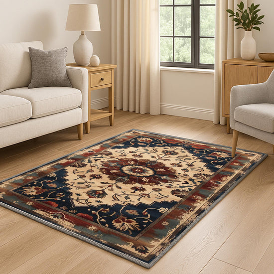Bohemian Floral Medallion Rug - Washable Chenille Carpet with Oriental Border - Vintage Style Non-Slip Area Rug for Living Room