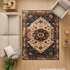 Bohemian Floral Medallion Rug - Washable Chenille Carpet with Oriental Border - Vintage Style Non-Slip Area Rug for Living Room