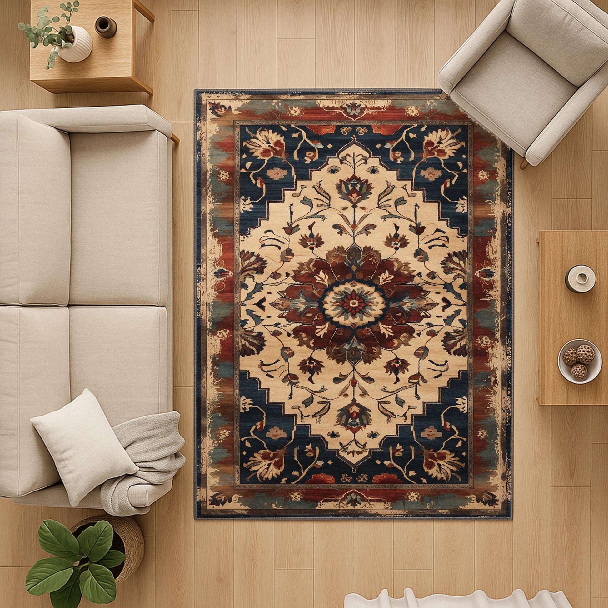 Bohemian Floral Medallion Rug - Washable Chenille Carpet with Oriental Border - Vintage Style Non-Slip Area Rug for Living Room