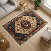 Bohemian Floral Medallion Rug - Washable Chenille Carpet with Oriental Border - Vintage Style Non-Slip Area Rug for Living Room