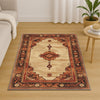 Bohemian geometric medallion rug with oriental border, warm beige and terracotta tones, washable chenille surface, non-slip backing.