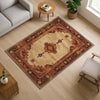 Bohemian geometric medallion rug with oriental border, warm beige and terracotta tones, washable chenille surface, non-slip backing.