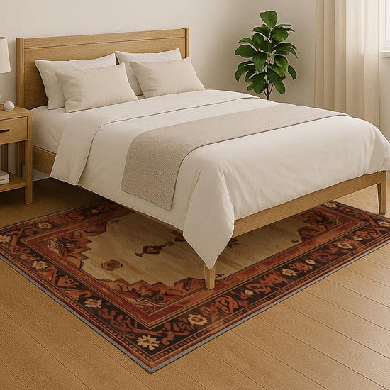 Bohemian geometric medallion rug with oriental border, warm beige and terracotta tones, washable chenille surface, non-slip backing.