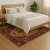 Bohemian geometric medallion rug with oriental border, warm beige and terracotta tones, washable chenille surface, non-slip backing.