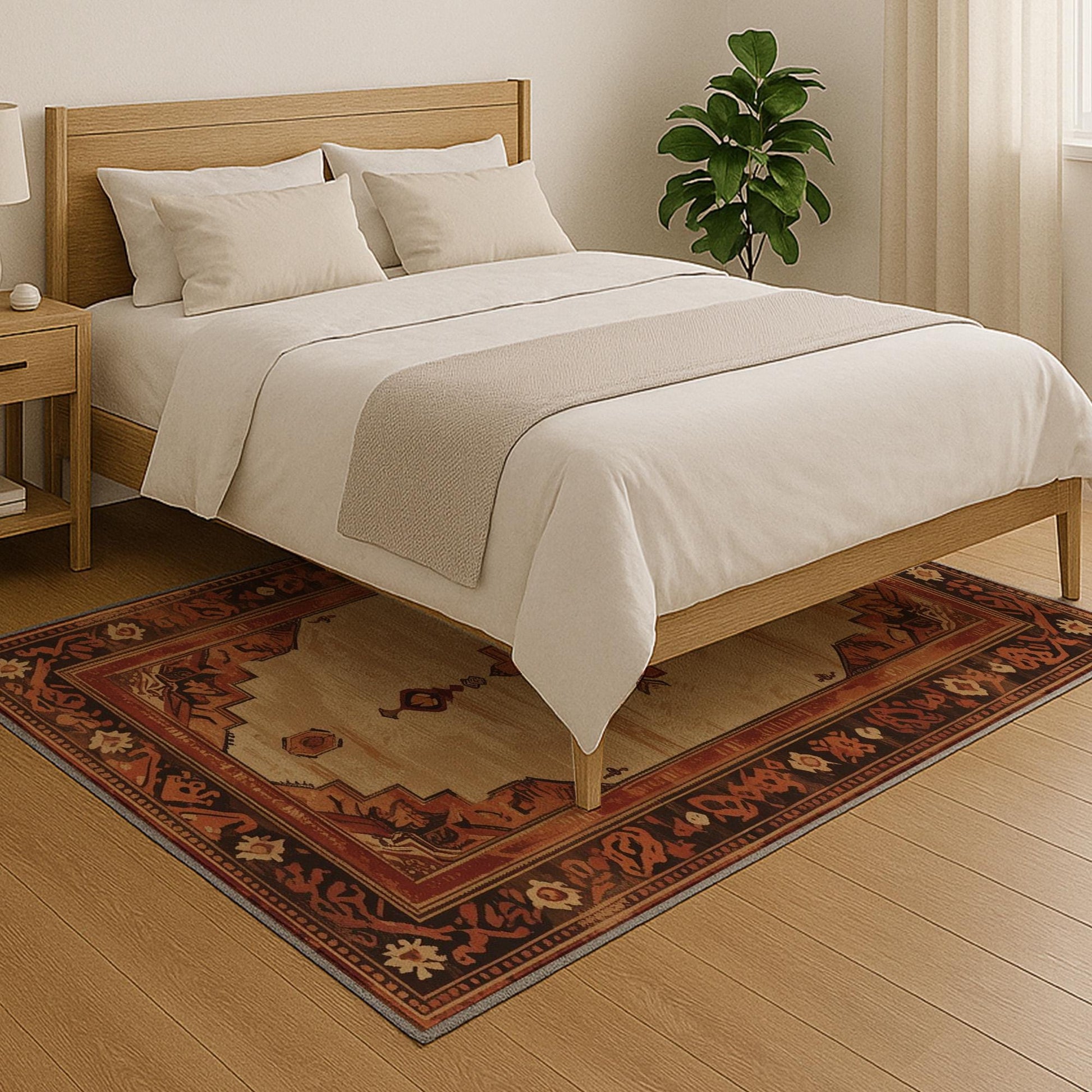 Bohemian geometric medallion rug with oriental border, warm beige and terracotta tones, washable chenille surface, non-slip backing.