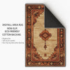 Bohemian geometric medallion rug with oriental border, warm beige and terracotta tones, washable chenille surface, non-slip backing.