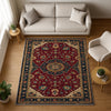 Red oriental medallion rug with floral border, deep crimson background, washable chenille surface, non-slip recycled cotton backing.