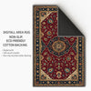 Red oriental medallion rug with floral border, deep crimson background, washable chenille surface, non-slip recycled cotton backing.