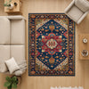Colorful oriental chenille rug with antique frame border, rich floral motifs in deep blue, red, and gold tones, washable and non-slip backing.