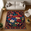 Vibrant floral chenille rug with colorful oriental frame border, washable non-slip backing, perfect for bohemian and vintage living room decor.