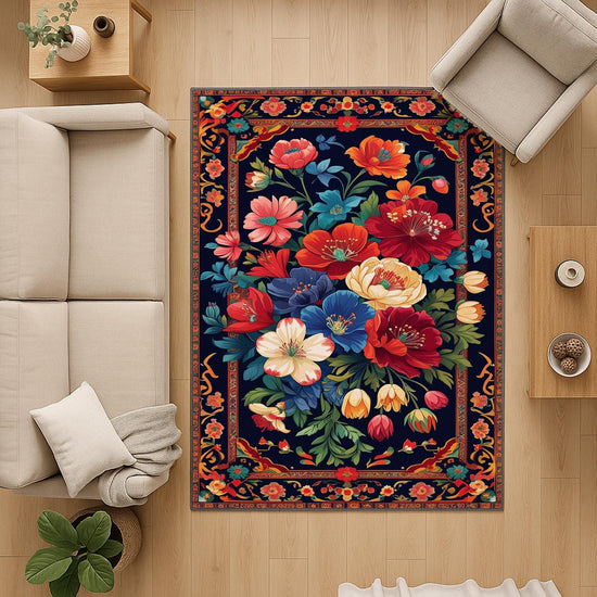 Vibrant floral chenille rug with colorful oriental frame border, washable non-slip backing, perfect for bohemian and vintage living room decor.