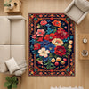 Vibrant floral chenille rug with colorful oriental frame border, washable non-slip backing, perfect for bohemian and vintage living room decor.