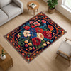 Vibrant floral chenille rug with colorful oriental frame border, washable non-slip backing, perfect for bohemian and vintage living room decor.
