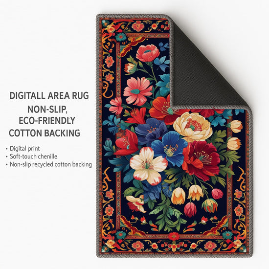 Vibrant floral chenille rug with colorful oriental frame border, washable non-slip backing, perfect for bohemian and vintage living room decor.