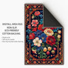 Vibrant floral chenille rug with colorful oriental frame border, washable non-slip backing, perfect for bohemian and vintage living room decor.