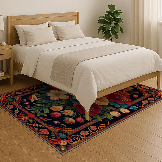 Vibrant floral chenille rug with colorful oriental frame border, washable non-slip backing, perfect for bohemian and vintage living room decor.