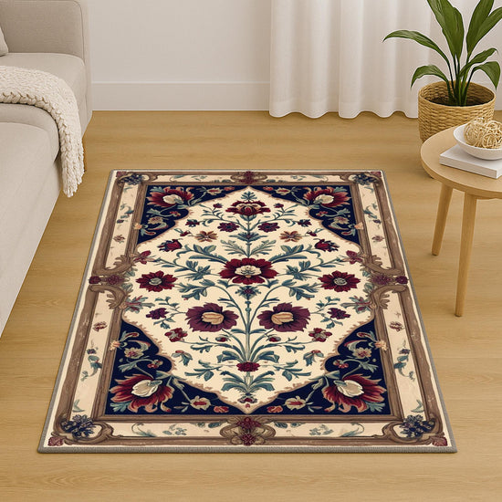 vintage rug, floral carpet, oriental border, victorian style, chenille rug, washable rug, classic decor, living room rug, bedroom carpet, tapestry rug, antique style, red floral rug, elegant carpet