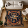 French tapestry style chenille rug featuring a vintage garden scene with trees and flowers, surrounded by a rich oriental border in navy, red, and gold tones. Washable, non-slip, and perfect for Victorian or dark academia interiors.