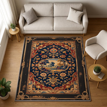 French tapestry style chenille rug featuring a vintage garden scene with trees and flowers, surrounded by a rich oriental border in navy, red, and gold tones. Washable, non-slip, and perfect for Victorian or dark academia interiors.