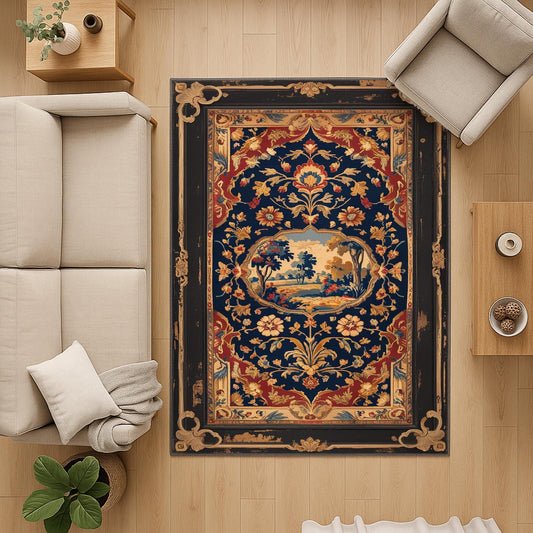 French tapestry style chenille rug featuring a vintage garden scene with trees and flowers, surrounded by a rich oriental border in navy, red, and gold tones. Washable, non-slip, and perfect for Victorian or dark academia interiors.