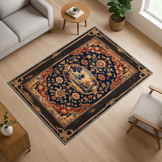 French tapestry style chenille rug featuring a vintage garden scene with trees and flowers, surrounded by a rich oriental border in navy, red, and gold tones. Washable, non-slip, and perfect for Victorian or dark academia interiors.