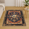 French tapestry style chenille rug featuring a vintage garden scene with trees and flowers, surrounded by a rich oriental border in navy, red, and gold tones. Washable, non-slip, and perfect for Victorian or dark academia interiors.