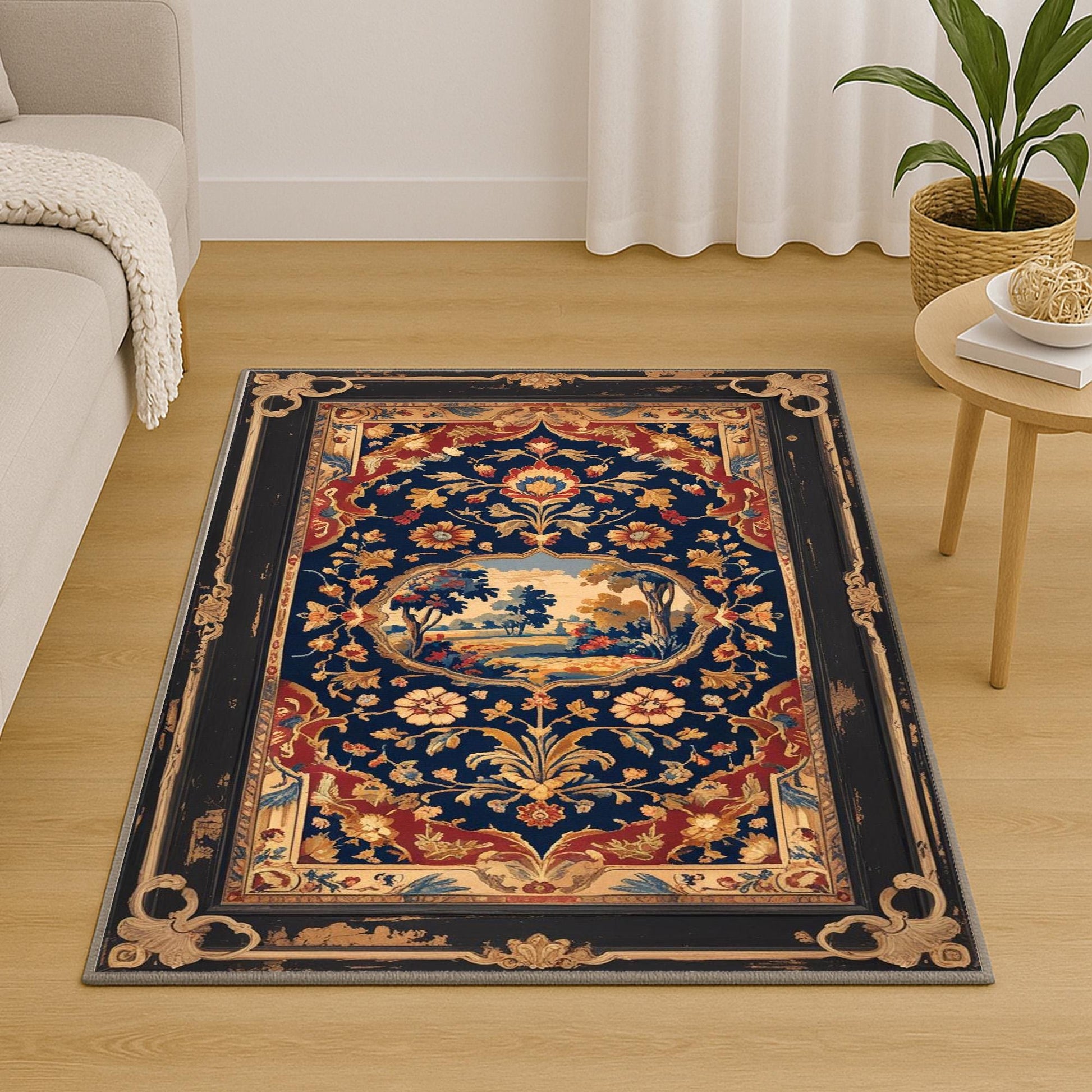 French tapestry style chenille rug featuring a vintage garden scene with trees and flowers, surrounded by a rich oriental border in navy, red, and gold tones. Washable, non-slip, and perfect for Victorian or dark academia interiors.