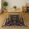 Vintage French floral tapestry rug with black background, ornate red and cream flowers, and antique cream border, washable chenille carpet for elegant home decor.
