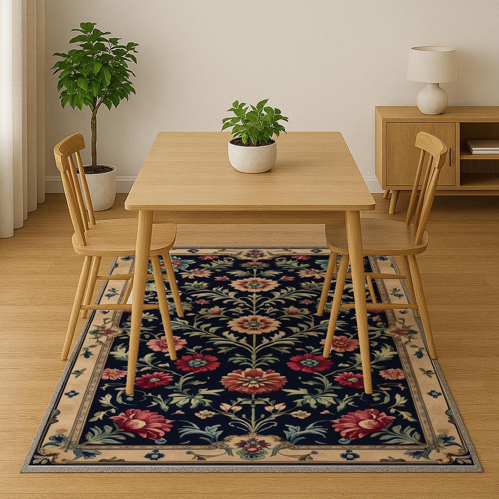 Vintage French floral tapestry rug with black background, ornate red and cream flowers, and antique cream border, washable chenille carpet for elegant home decor.