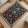 Vintage French floral tapestry rug with black background, ornate red and cream flowers, and antique cream border, washable chenille carpet for elegant home decor.