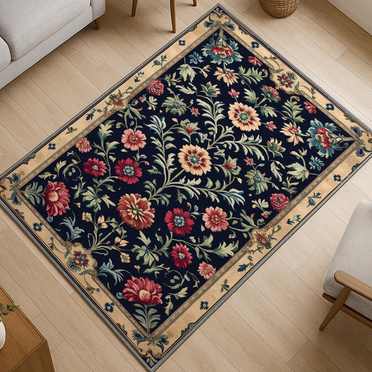 Vintage French floral tapestry rug with black background, ornate red and cream flowers, and antique cream border, washable chenille carpet for elegant home decor.