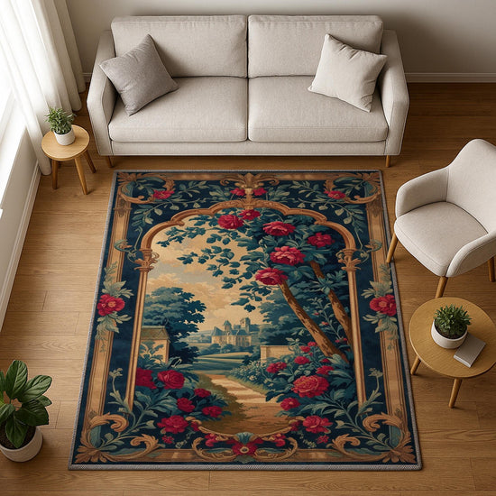 French Victorian chenille rug with ornate floral and grapevine design, antique-style border, washable non-slip backing, perfect for vintage home decor.