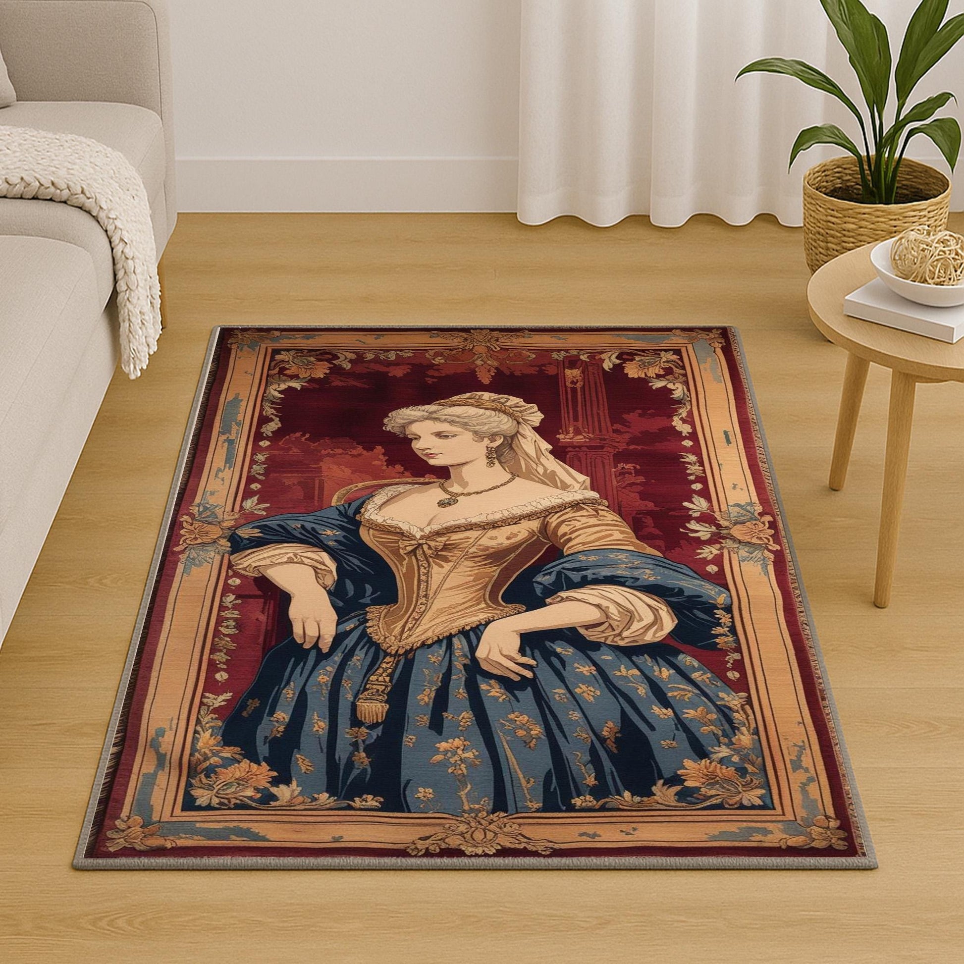 victorian rug, french tapestry, lady portrait, antique carpet, chenille rug, oriental border, classic decor, vintage rug, washable rug, european art, noble lady, elegant carpet, wall hanging
