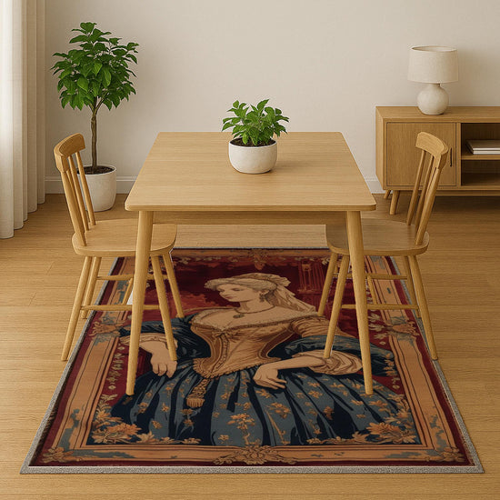 victorian rug, french tapestry, lady portrait, antique carpet, chenille rug, oriental border, classic decor, vintage rug, washable rug, european art, noble lady, elegant carpet, wall hanging