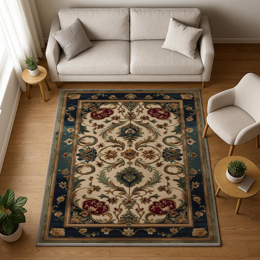 Victorian-style chenille rug with deep blue and red floral tapestry design, antique oriental border, washable and non-slip backing.