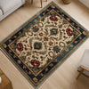 Victorian-style chenille rug with deep blue and red floral tapestry design, antique oriental border, washable and non-slip backing.