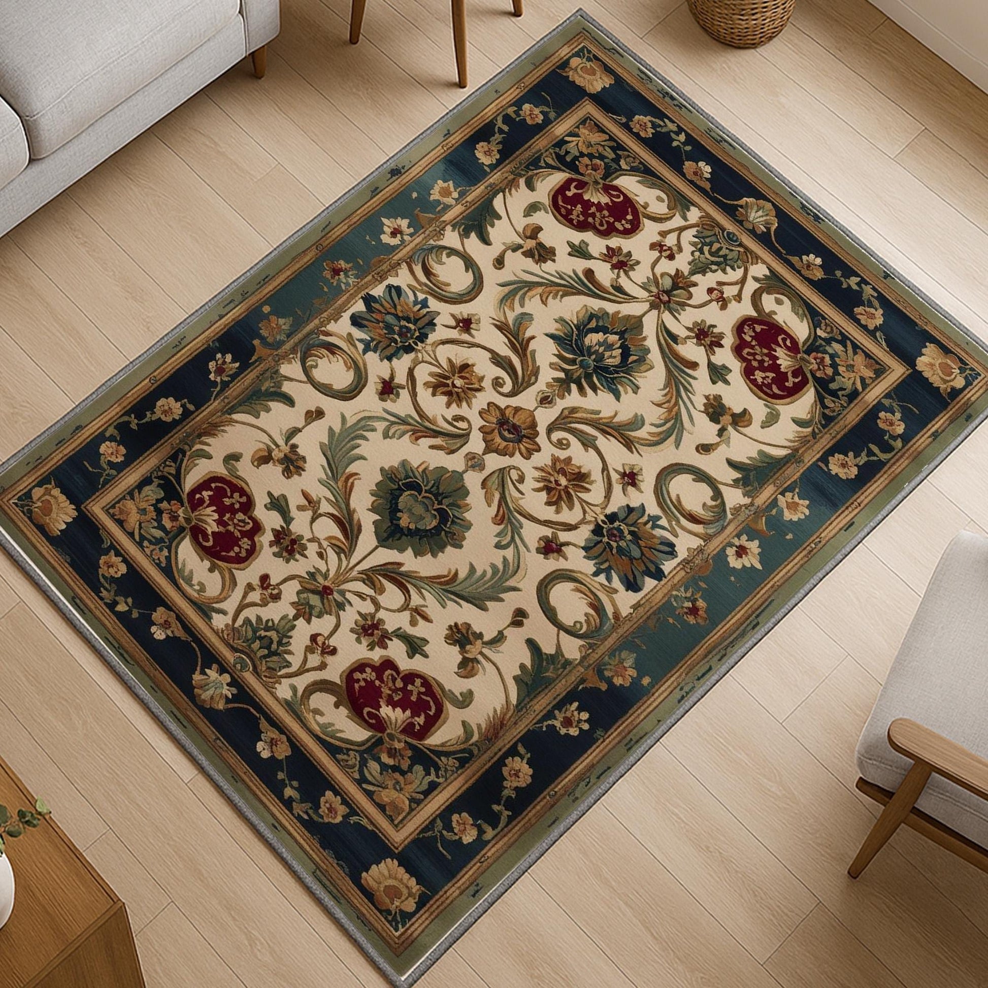Victorian-style chenille rug with deep blue and red floral tapestry design, antique oriental border, washable and non-slip backing.